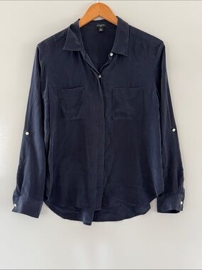 Ann Taylor Silk Blouse Women’s Medium Navy Blue Button Up Long Sleeve Roll Tab